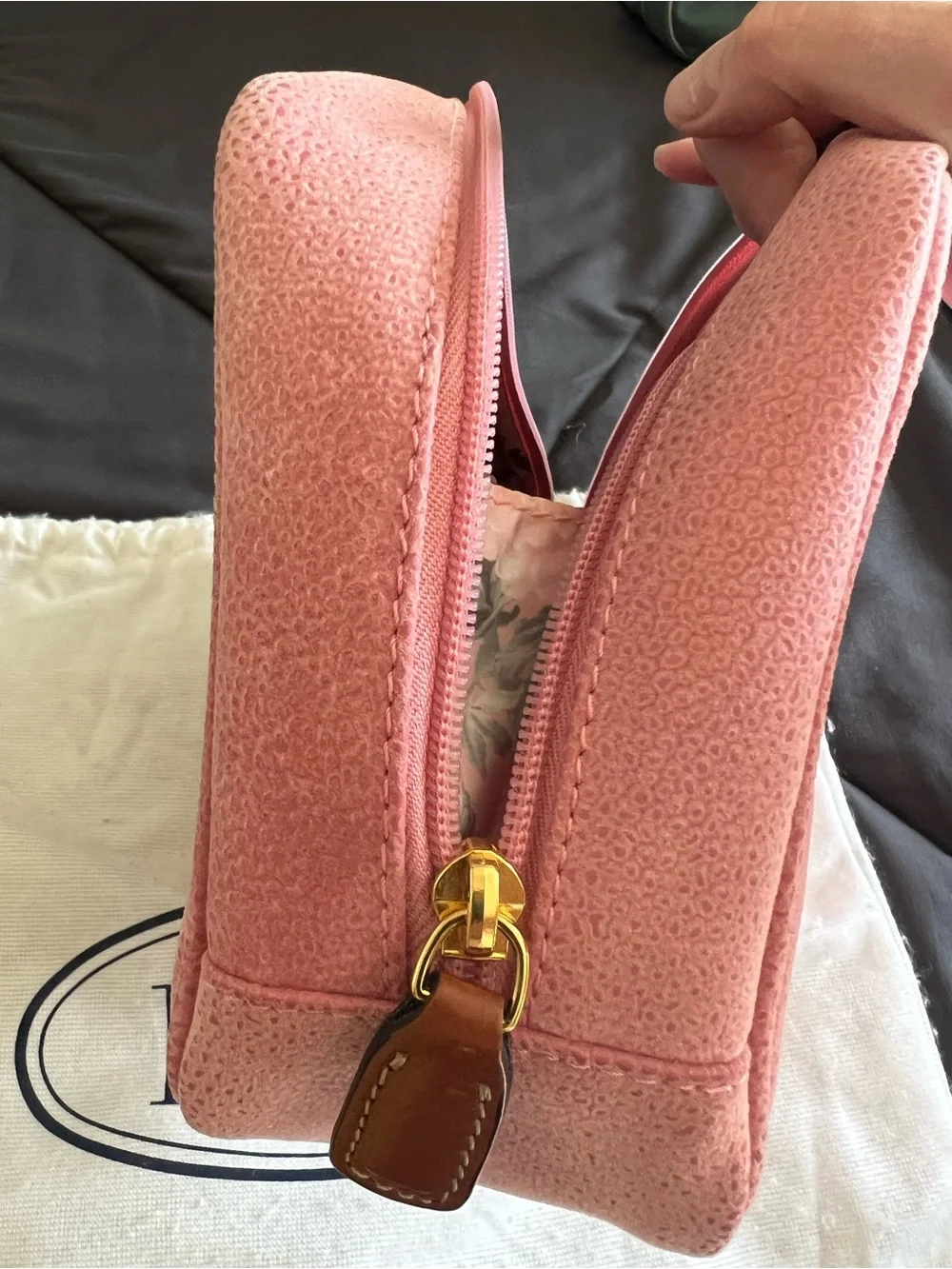 Bric's Pink Canvas Cosmetic Pouch with Tan Leather Trim